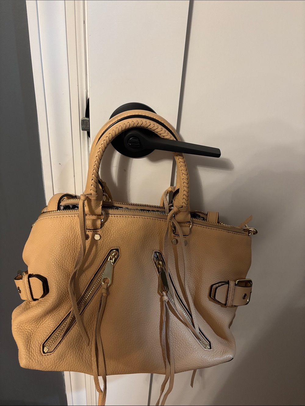 Rebecca Minkoff Women's Tan Leather Satchel Handbag with Braided Handles